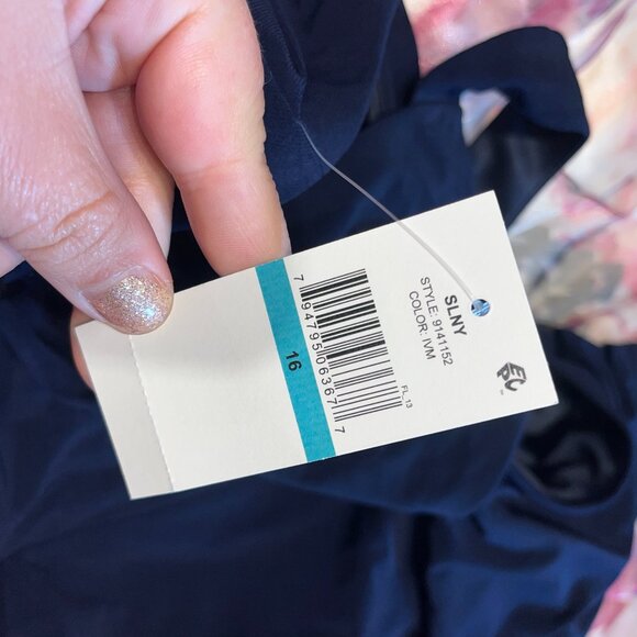 SLNY - 9141152 LONG HALTER Solid BODICE FLORAL A-LINE Dress NWT Navy Purple Pink - Picture 9 of 12